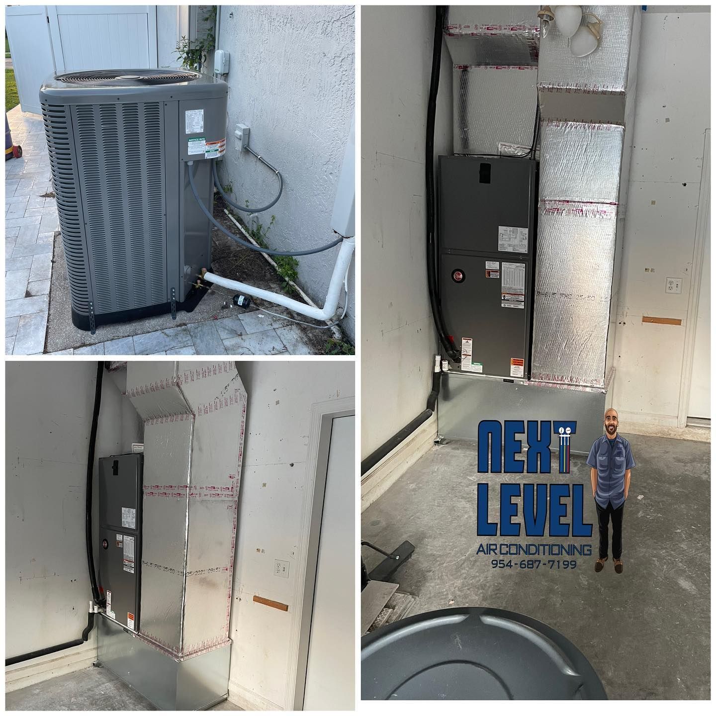 Air handler relocated from an interior closet to the garage, with the matching condenser outside, inspection ready