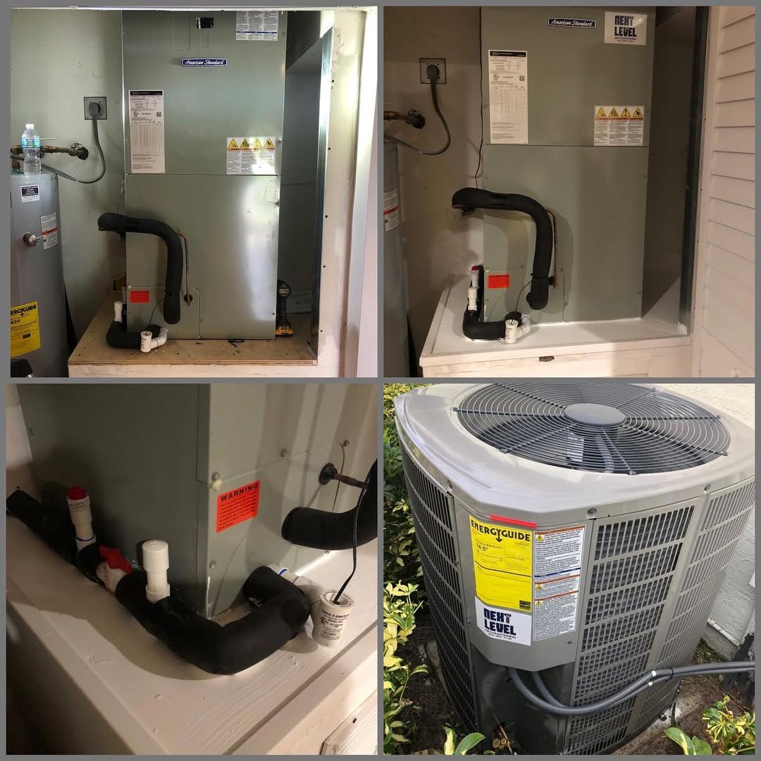 American Standard air handler on a built platform with condensate traps, plus the matching condenser