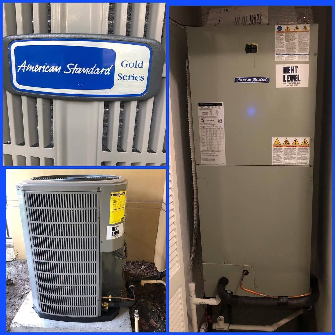 American Standard Gold Series condenser badge with the matching air handler carrying a Next Level sticker