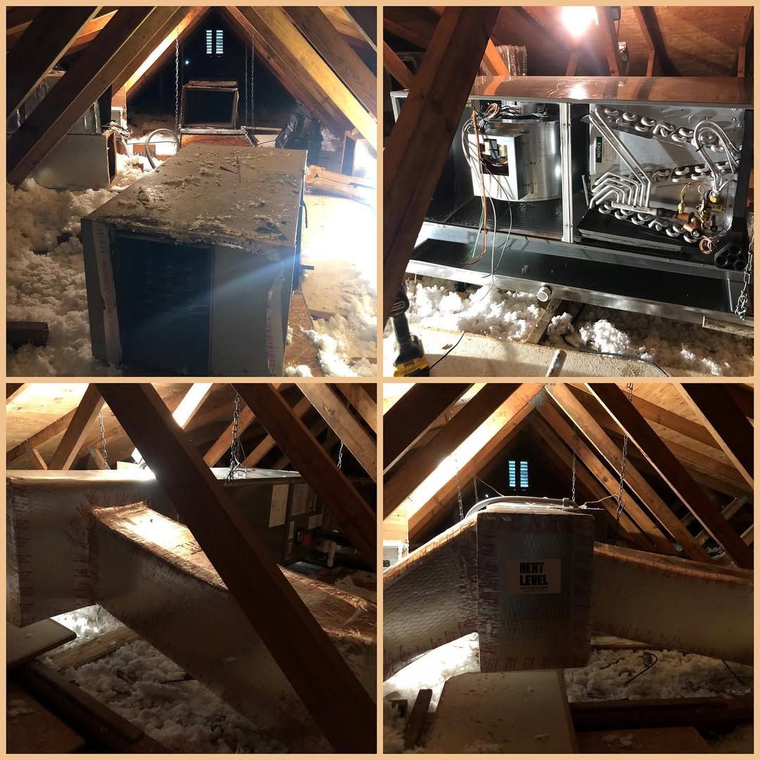 Attic install, old unit and new coil with insulated plenums and a Next Level sticker