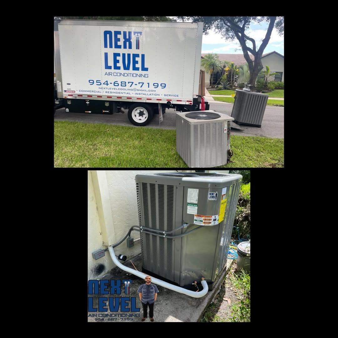 Box truck at a residential curb with the removed unit and a new condenser on the lawn, plus the finished condenser