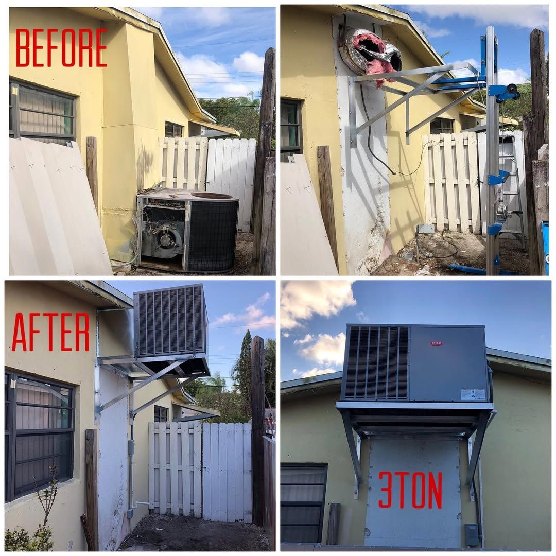 Before and after, a failed unit at ground level replaced with a 3 ton Bryant packaged unit on a wall bracket