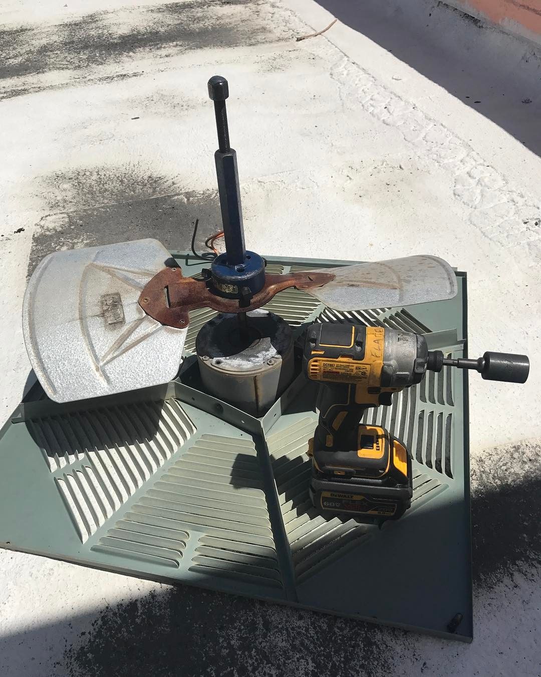Condenser fan assembly lifted off the unit with the motor and blade exposed, impact driver in hand