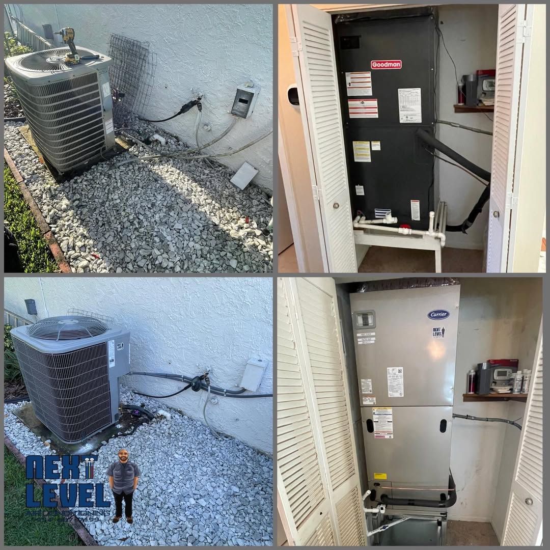 Residential condenser on gravel with Goodman and Carrier air handlers from the same set of jobs