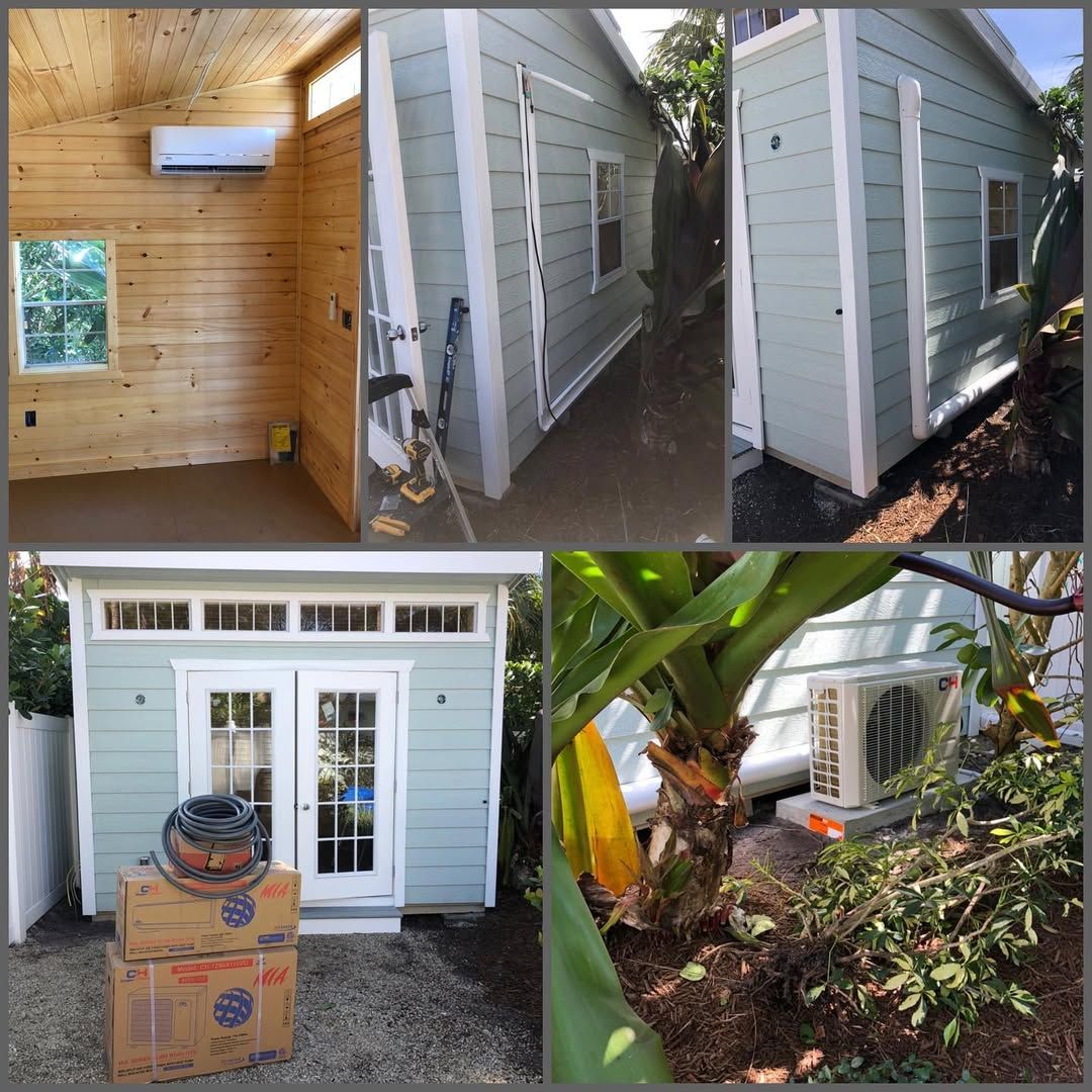 Cooper and Hunter mini-split fitted to a timber lined garden cottage, with the boxed equipment outside