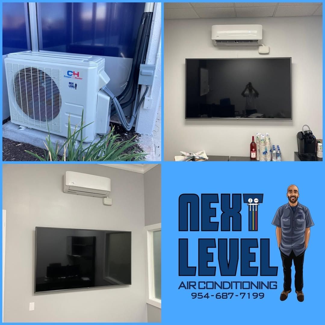 Cooper and Hunter condenser outside an office with two indoor heads above wall mounted TVs