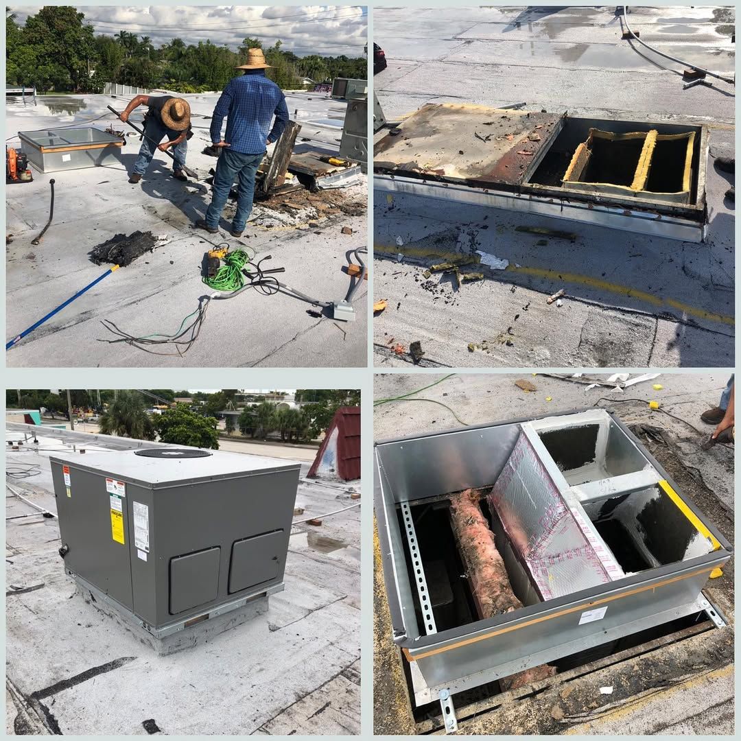 Old curb demolished and rebuilt with insulated duct inside, new packaged unit set alongside