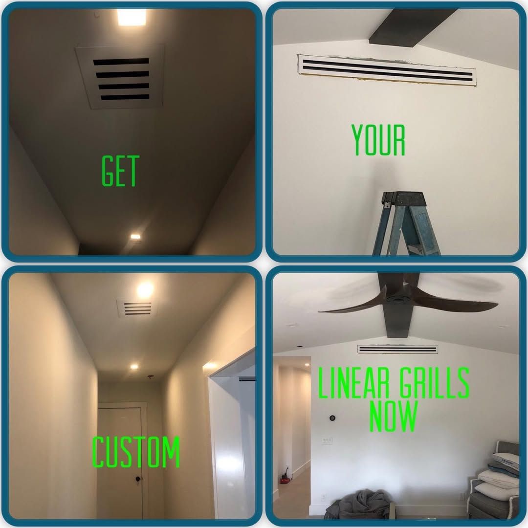 Custom linear grills fitted into ceilings and a sloped wall in a finished home