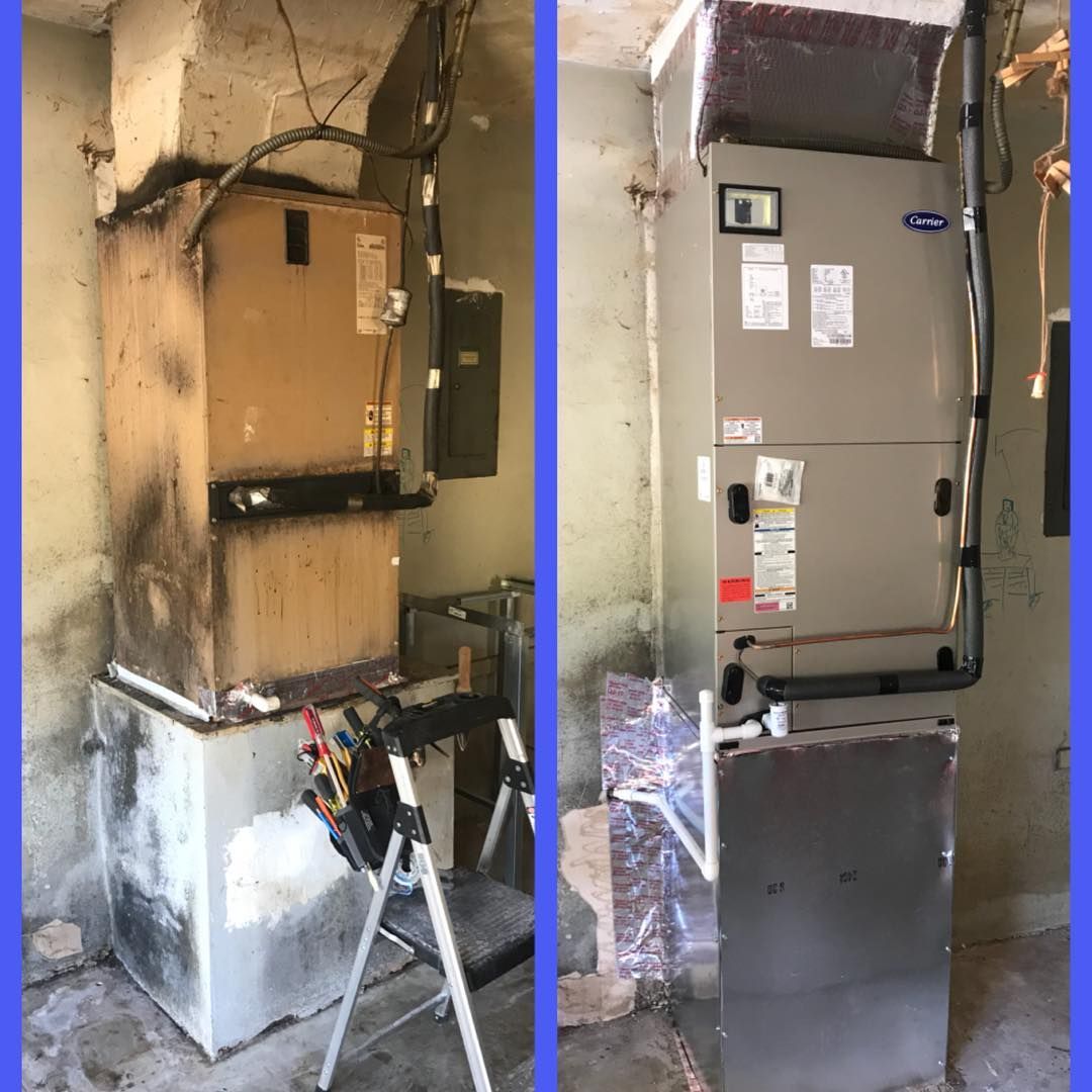 Soot blackened air handler closet replaced with a new Carrier air handler and a clean plenum