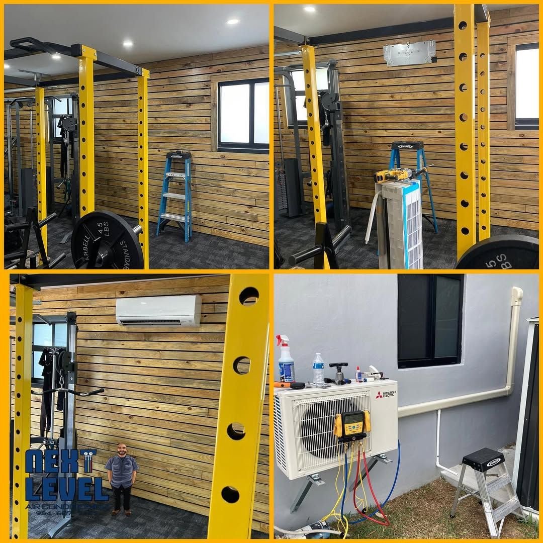 Mini-split head fitted in a timber lined home gym with the Mitsubishi outdoor unit on gauges