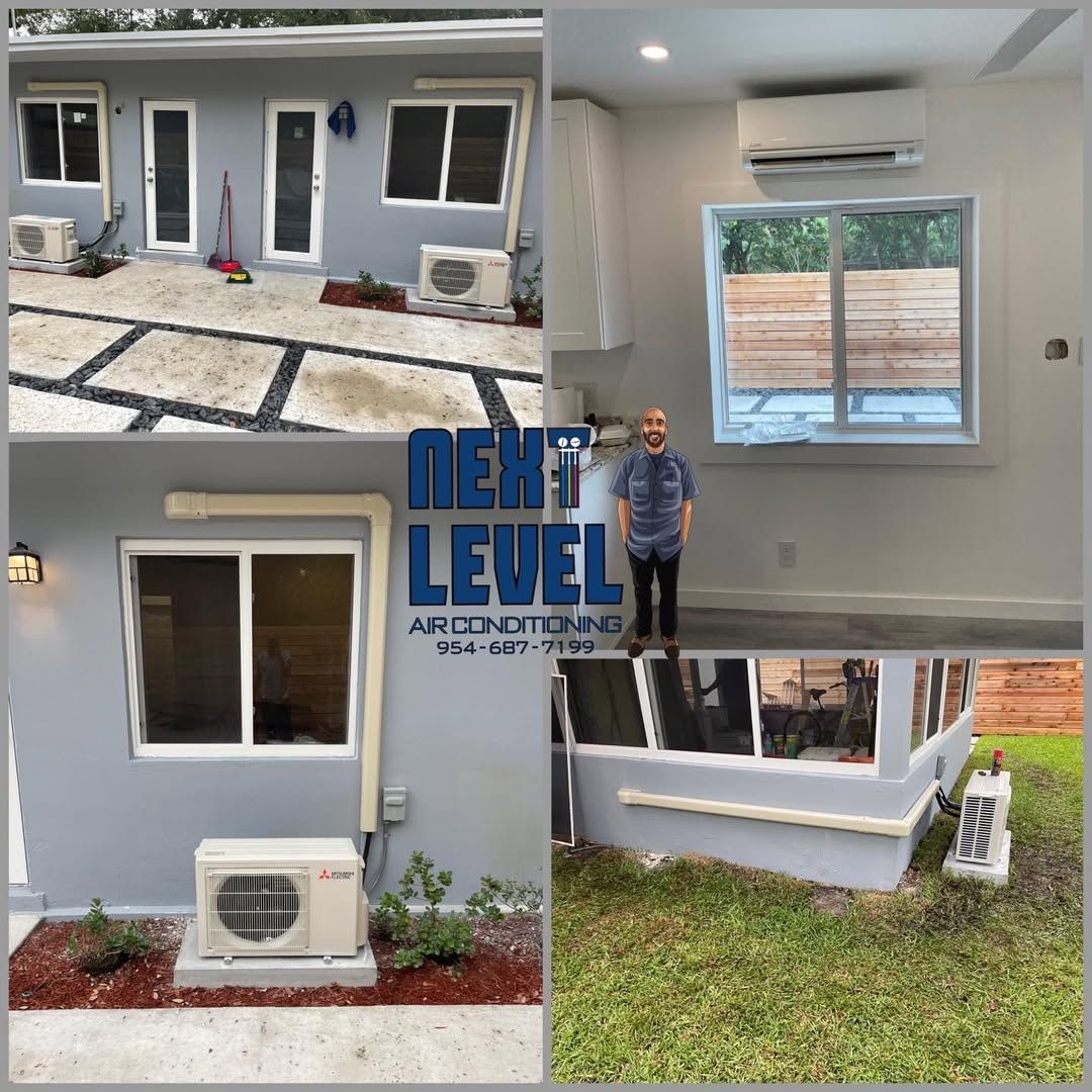 Mitsubishi mini-splits on a finished gray guest house, indoor head and two outdoor units