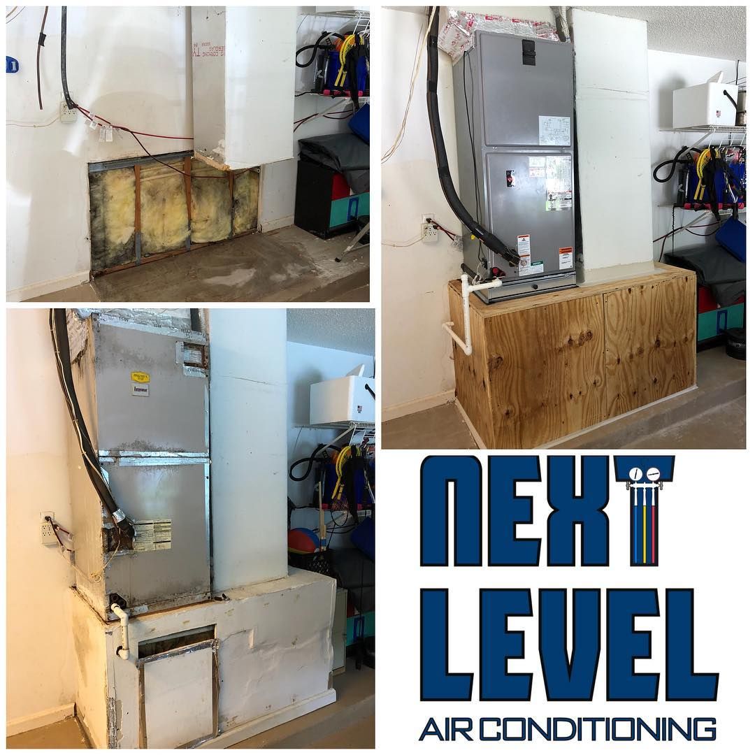 Mold stained insulation and platform in an air handler closet, rebuilt with a new unit on a clean plywood platform
