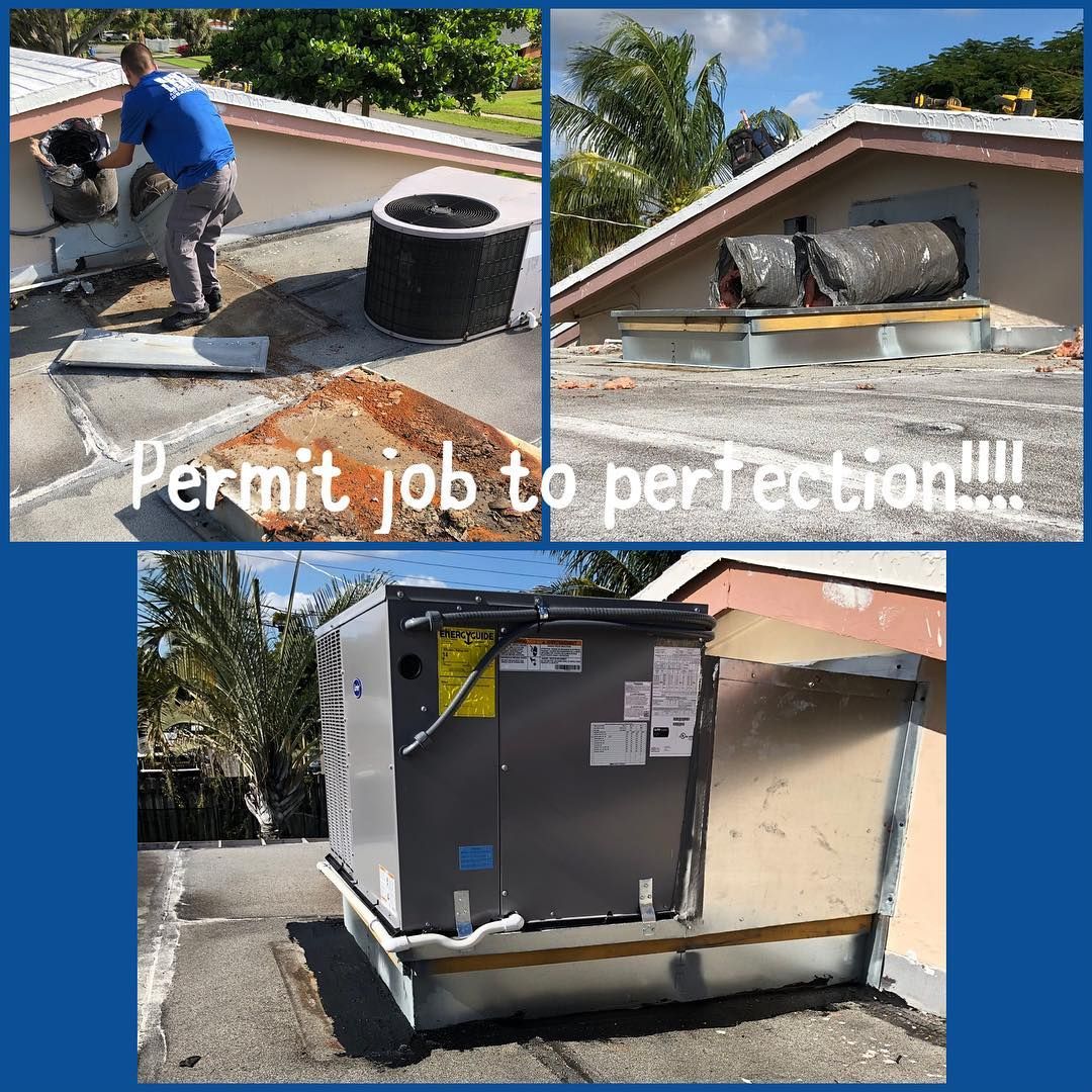 Old flex duct pulled out and a new packaged unit set on a fabricated curb at a house roof