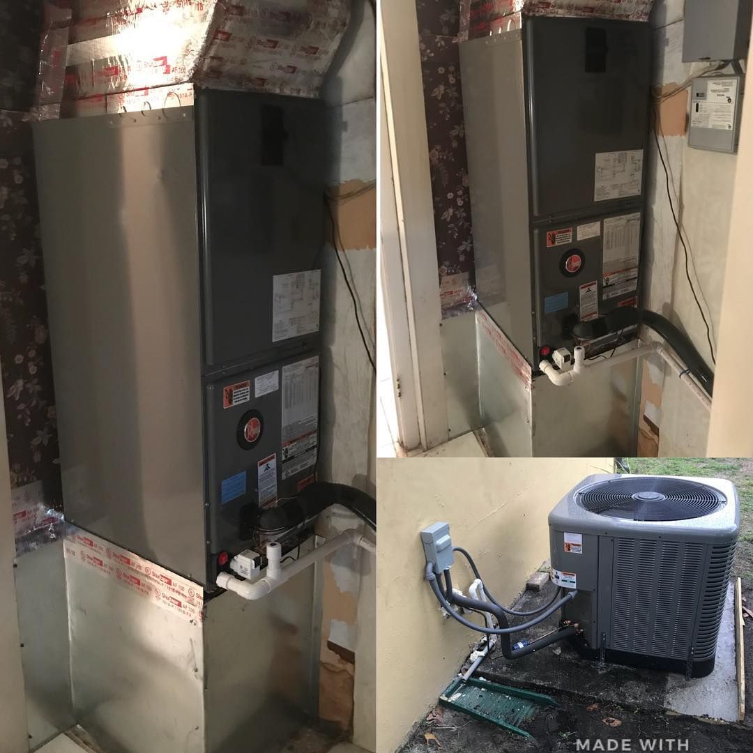 Rheem air handler in a tight closet with the matching condenser outside
