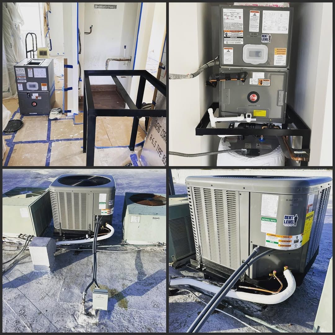 Rheem air handler on a fabricated black steel stand, plus rooftop condensers with Next Level stickers