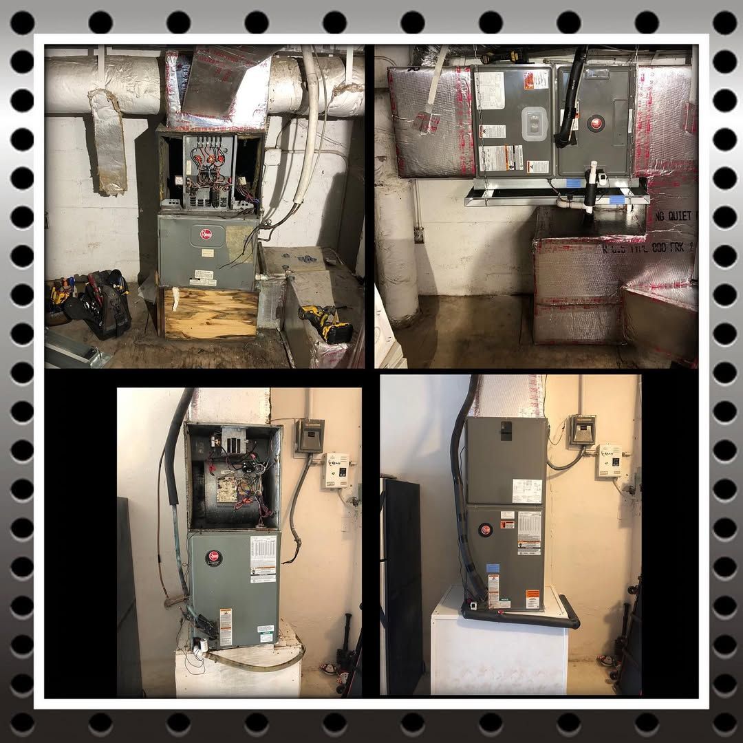 Four views of Rheem air handler replacements in utility closets, old units and new