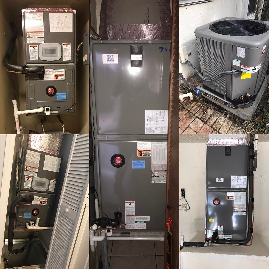 Five views of Rheem air handlers in closets with a matching outdoor condenser