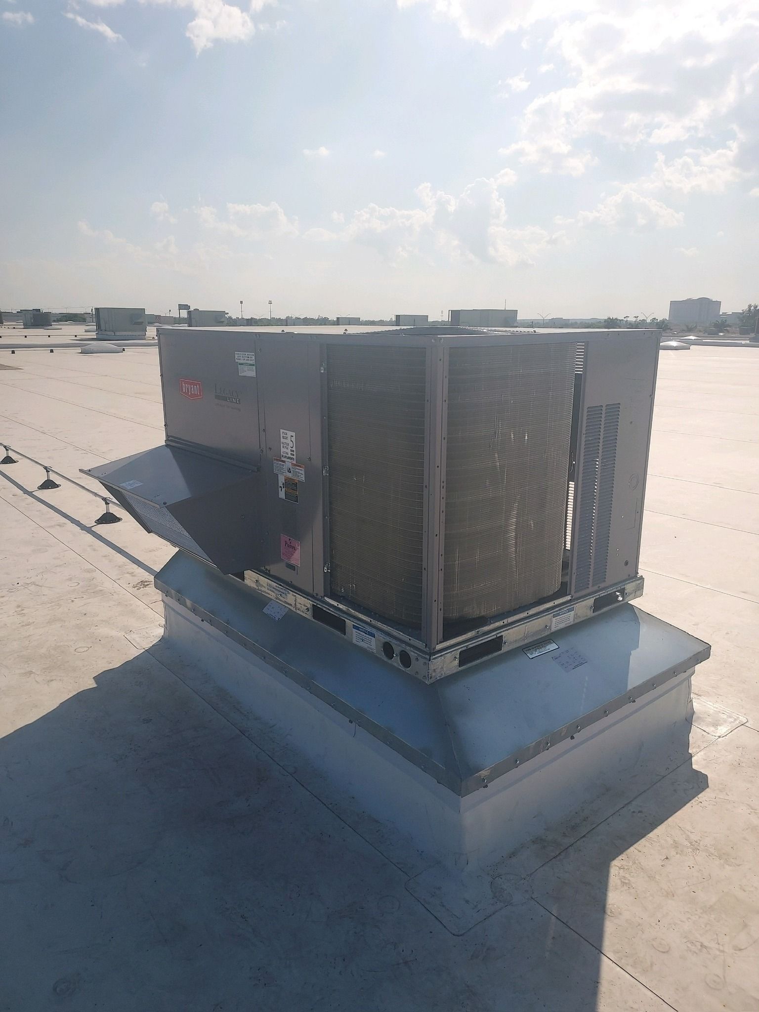 Rooftop unit on a curb on a flat commercial roof