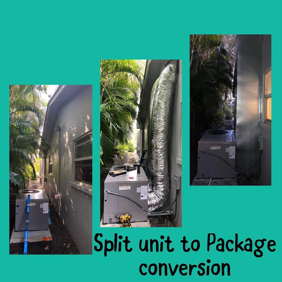 Three stage sequence converting a split system to a packaged unit in a narrow side yard