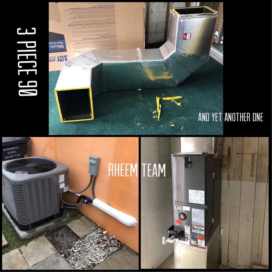 Hand fabricated three piece 90 degree elbow, with a Rheem condenser and air handler from the same job