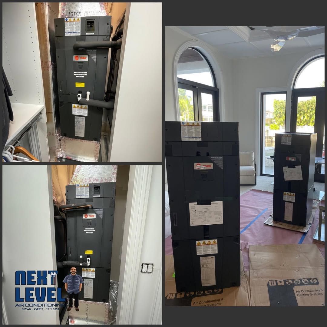 Trane air handlers installed in a closet and new Trane units still boxed in a waterfront living room