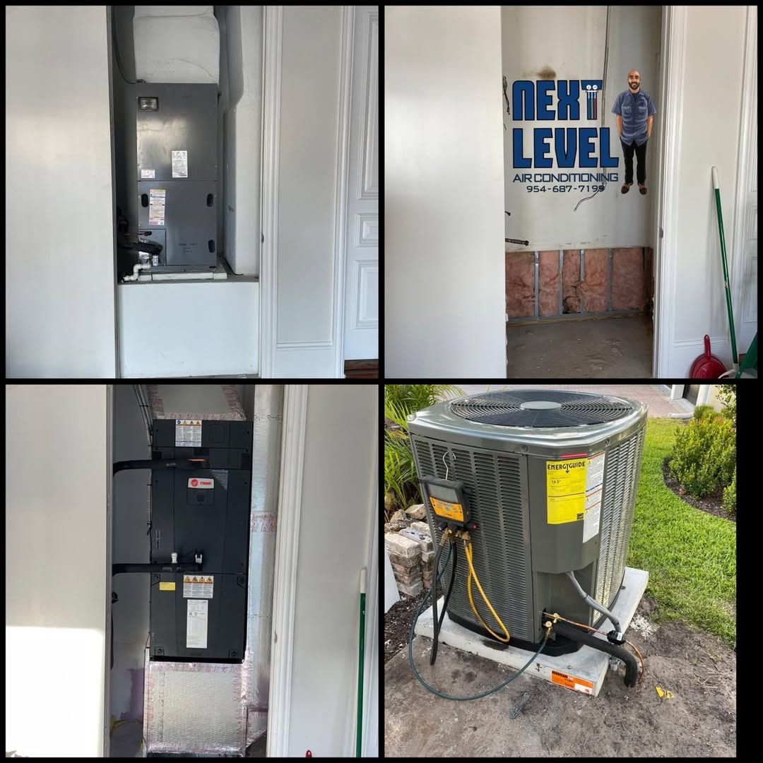 Trane air handler in a closet and the matching Trane condenser outside with gauges connected
