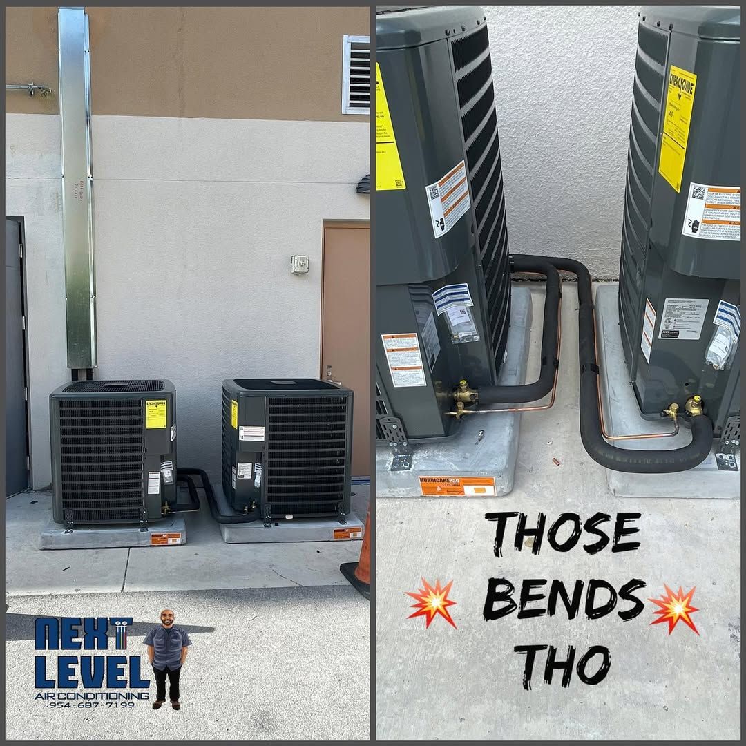Two condensers on pads with a close up of the line set bends